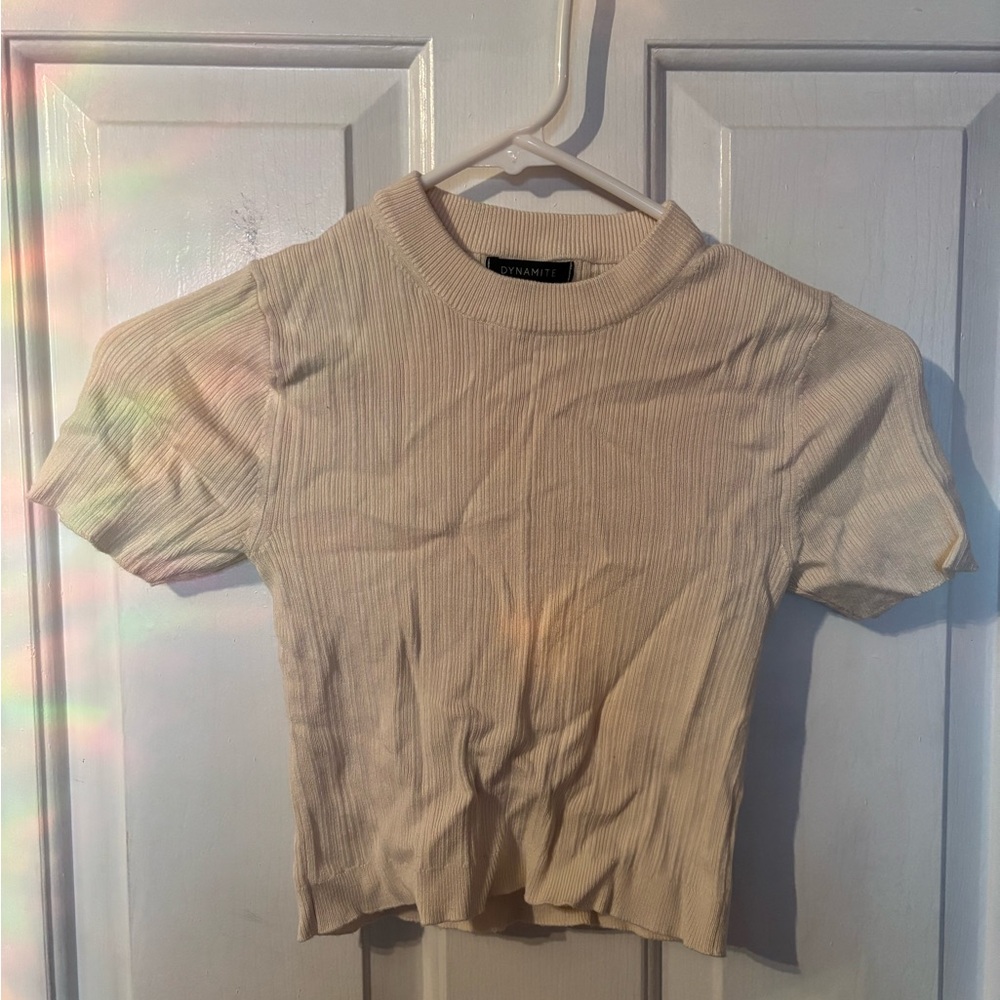 Dynamite Beige Ribbed Cropped Short Sleeve Top